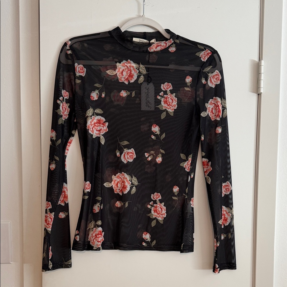 Ya Ya Club Black Mesh Top with Pink Floral Pattern